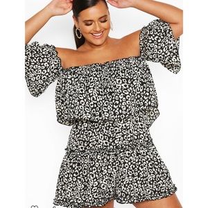 Boohoo Black and White Plus Size Leopard Print Off the Shoulder Ruffle Romper